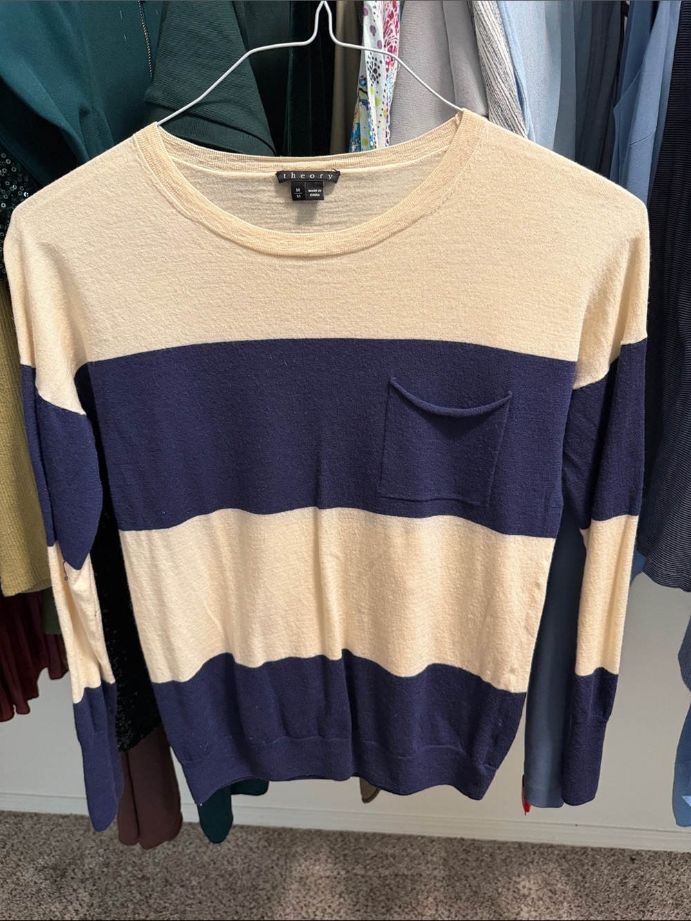 Theory Striped Crewneck Sweater in Cream and Navy